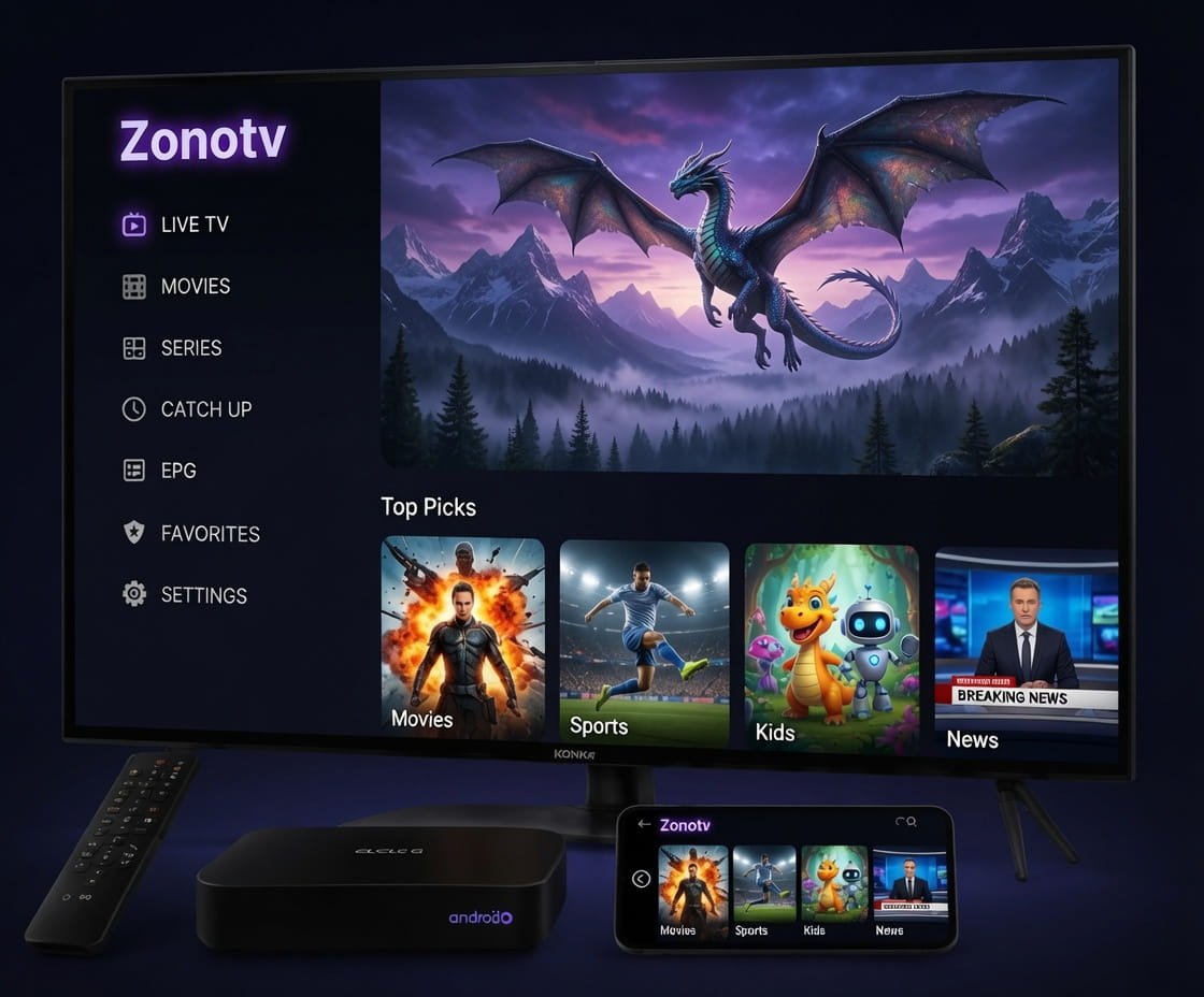 Home 5 Zonotv, the best IPTV in Canada, shown on a smart TV, Android box and mobile app
